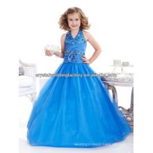 Sexy V-neckline beaded sequined ball gown halter blue flower girl pageant dress CWFaf5227